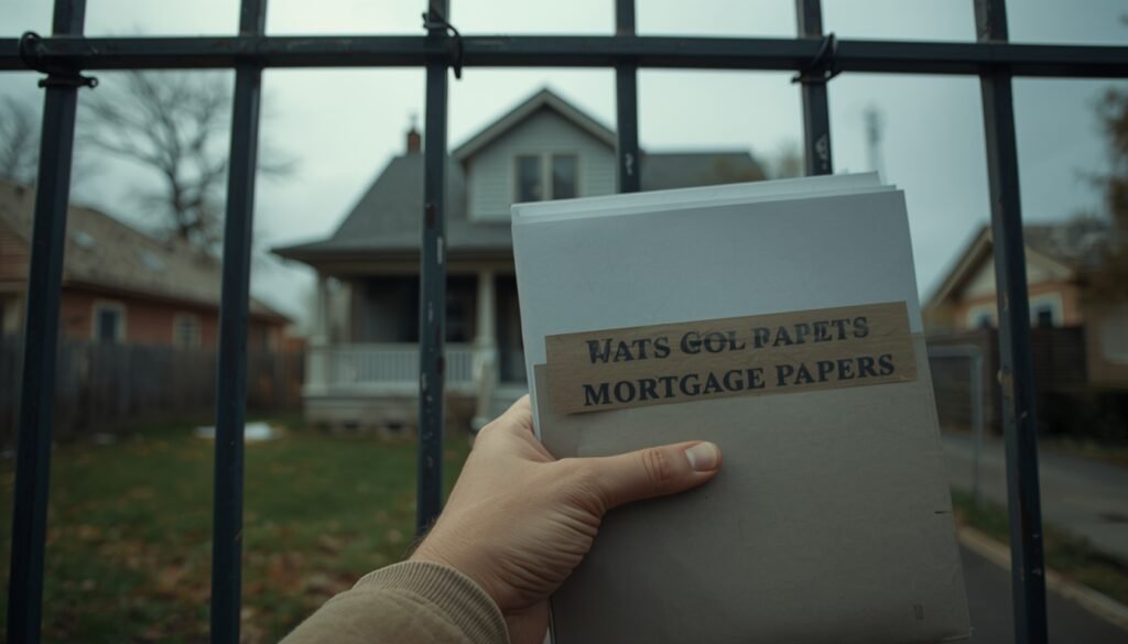 A cinematic, realistic photograph of a modest house viewed through a slightly blurred foreground, with a metal fence or gate partially blocking the view. In the foreground, an adult hand holds a thick folder of documents labeled only as “Mortgage Papers” (no readable text). The lighting is neutral and serious, suggesting long-term commitment and restriction rather than celebration. The overall mood feels symbolic, quiet, and reflective, representing long-term debt, financial obligation, and the weight of home financing. High realism, shallow depth of field, documentary style, no logos, no watermark, no promotional look.