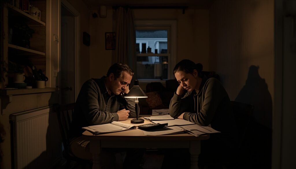 A cinematic, realistic photograph of a modest house viewed through a slightly blurred foreground, with a metal fence or gate partially blocking the view. In the foreground, an adult hand holds a thick folder of documents labeled only as “Mortgage Papers” (no readable text). The lighting is neutral and serious, suggesting long-term commitment and restriction rather than celebration. The overall mood feels symbolic, quiet, and reflective, representing long-term debt, financial obligation, and the weight of home financing. High realism, shallow depth of field, documentary style, no logos, no watermark, no promotional look.